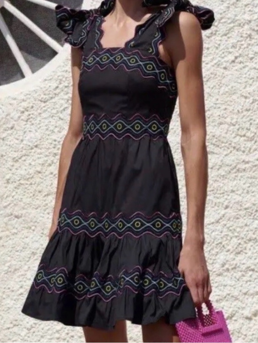Celia B Umi Black Tie Shoulder Embroidered Mini Dress Small